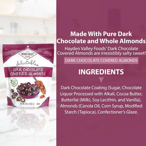 20 oz Hayden Valley Foods Dark Chocolate Covered Almonds | Resealable Bag | No Artificial Flavors, Preservatives