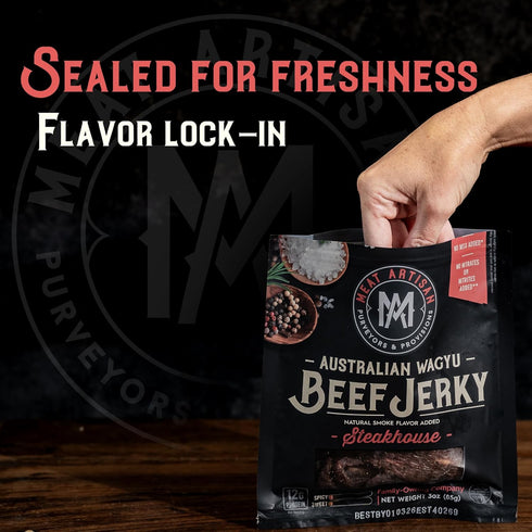 Pack 3oz (85g) Meat Artisan Beef Jerky - Australian Wagyu Steakhouse and Asian BBQ Style - High Protein Snack - Gluten