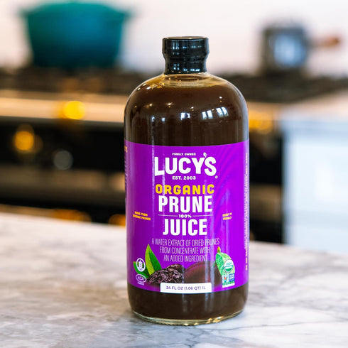 100% 34 oz. (Pack 2) Lucys Family Owned - AMERICAN PRUNES Organic Prune Juice, Glass Bottle