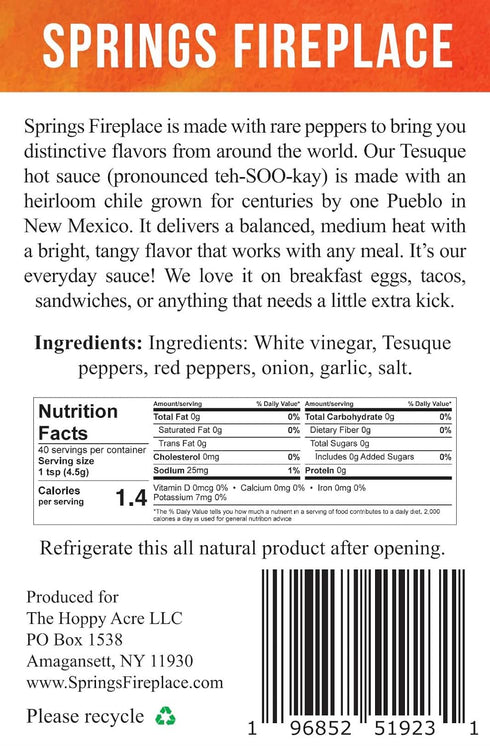 2pk, Set 2, 6.7oz 200ml Springs Fireplace Hot Sauce Variety Tesuque, Aji Peach, Small Batch, Farmer Grown, Hot sauce