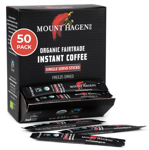 Mount Hagen Dispenser Box 50 Count Organic Instant Coffee Packets Single Serve,
