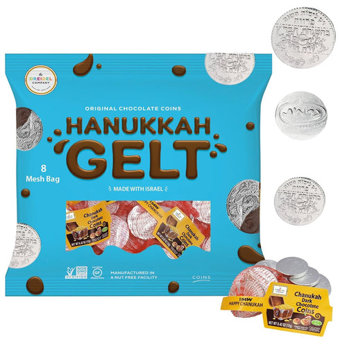Gelt,12 12 The Dreidel Company Hanukkah Mesh Bags Dark Bittersweet Non Dairy Parve Coins, Made in Israel, Kosher