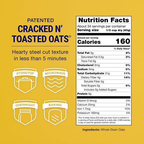 3 lbs (48 oz) 3 5 Coach's Oats Whole Grain Oatmeal | Cracked n Toasted Oats | Quick-Cooking, Steel Cut Texture |