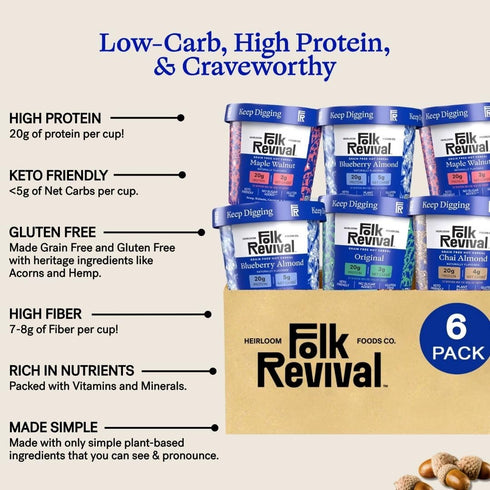 Pack 20g 2 2 1 1 6 Folk Revival Variety Keto Instant 'Oatmeal' - of Protein, Low Carb, High Fiber, Blueberry, Maple