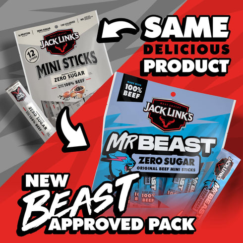 6g 100% 12 Count Jack Links x MrBeast Beef Sticks, Zero Sugar Mini Beef Sticks, As Seen on Beast Games, Protein, Made