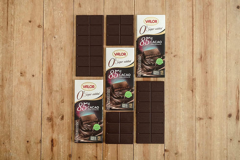 85% 100g (3.53oz). Pack 3. Valor. Cocoa Dark Chocolate. No sugar added.