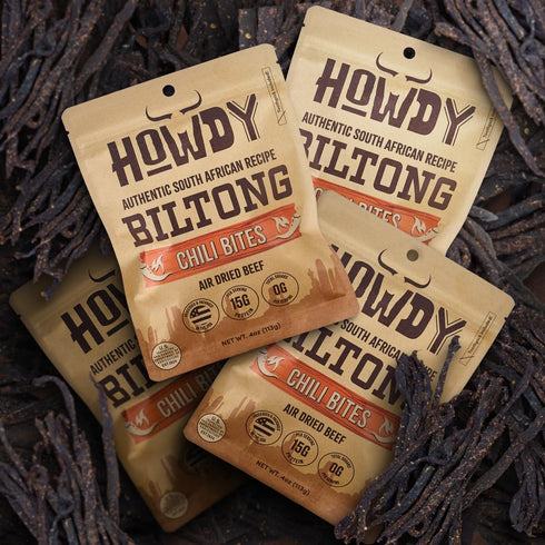 4 Pack (16oz HowdySnax Biltong Chili Bites Total) Bulk Spicy Beef Snack HighProtein Keto & Paleo No Preservatives Made