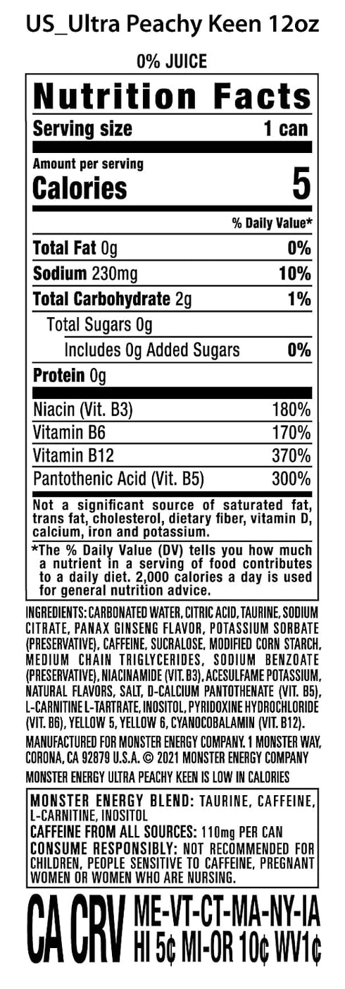 16 (Pack 4) Monster Energy Ultra Peachy Keen, Sugar Free Energy Drink, Ounce