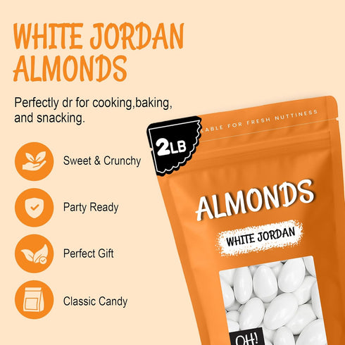 2 lb Packed Oh! Nuts White Jordan Almonds - - For Easter, Weddings, Baby Showers & Birth - in New York Zip-Seal Bag