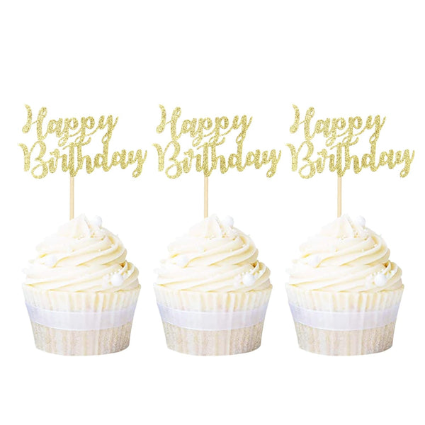 Ercadio 24 Pack Happy Birthday Cupcake Toppers, Gold Glitter Cake Picks for Party Decoration