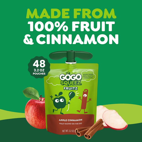 3.2 oz (Pack 48), GoGo squeeZ No Sugar Added Applesauce and Fruit Puree, Apple Cinnamon, Pouches of Fruit Snacks