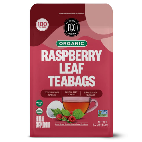 FGO Organic Red Raspberry Leaf Tea Bags - 100 Eco-Conscious, Caffeine Free, Resealable Bag