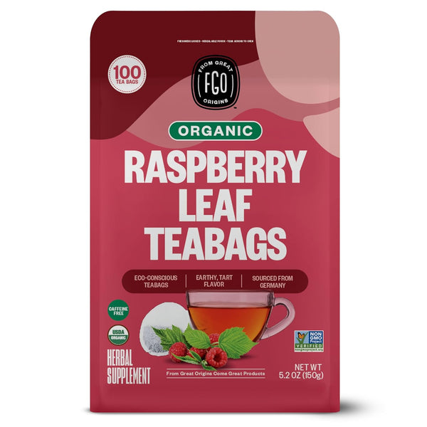 FGO Organic Red Raspberry Leaf Tea Bags - 100 Eco-Conscious, Caffeine Free, Resealable Bag