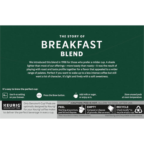 60 Starbucks K-Cup Coffee Pods, Medium Roast Hot or Iced Coffee, Breakfast Blend, Keurig Pods