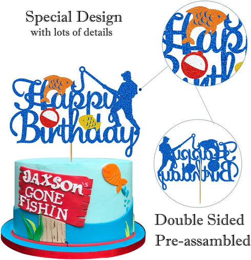 Glorymoment Birthday Fishing Cake Toppers, Glitter Blue Bobber Double Sided Cake Topper for Fisherman Party Supplies