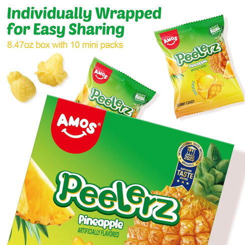 Gummy 8.47oz 10 Packs Gummy AMOS Peelerz Pineapple Candy, Peelable Fruit-Shaped Candy, Box with Individual Fun Peeling