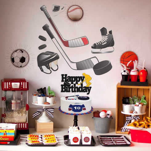 Hockey Cake Topper with Player Figurines - Happy Birthday Decor for Kids, Boys, Girls, Ice Hockey Party Supplies