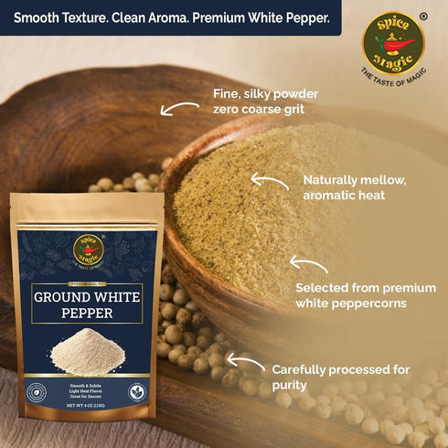4 oz Spice Magic Ground White Pepper | Gentle, Mild Heat and Subtle Flavor Perfect For Light Sauces, Soups, Chicken