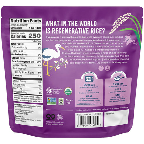 2-Pack 2 17.3 Oz Lundberg Rice, Microwave or Stovetop, White Jasmine, Long-Grain, Fluffy & Aromatic, Ready in Minutes