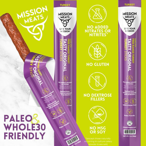 100% 9g 1oz (12ct) Mission Meats Turkey Sticks, Free Range Turkey Jerky, Zero Sugar, Delicious Healthy Snacks, Protein