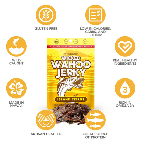 Omega-3 2 (3 Pack) Island Citrus Wahoo Ono Fish Jerky - Zesty Umami Flavor - Artisan Crafted - Gourmet Dried Fish