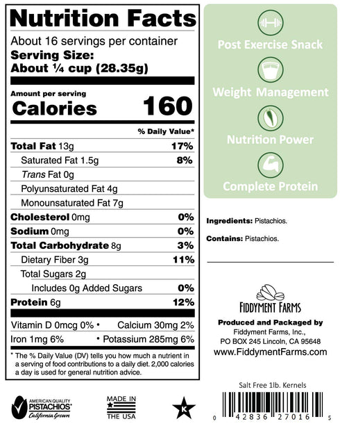 1 Lb Fiddyment Farms Unsalted Pistachio Kernels