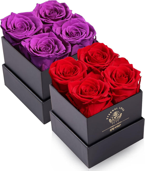 Impouo Preserved Roses Red + Purple Bundle, Flowers for Delivery Prime -