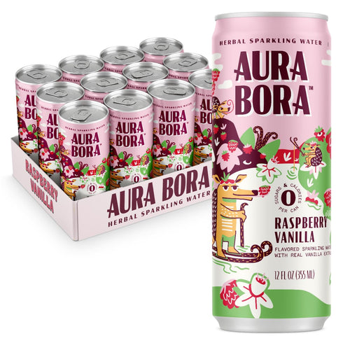 Aura Bora, Raspberry Vanilla Herbal Sparkling Water, 12 oz Can (Pack of
