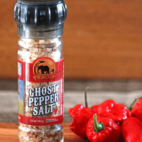3.5 oz 5-Pack Ghost Pepper Salt Seasoning by African Dream Foods | Spicy Chili Salt with only Natural Hot Ghost Peppers