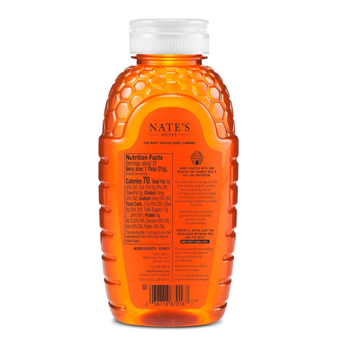 100% 16 oz. Nate's California Pure, Raw & Unfiltered Honey - Squeeze Bottle - All-natural Sweetener