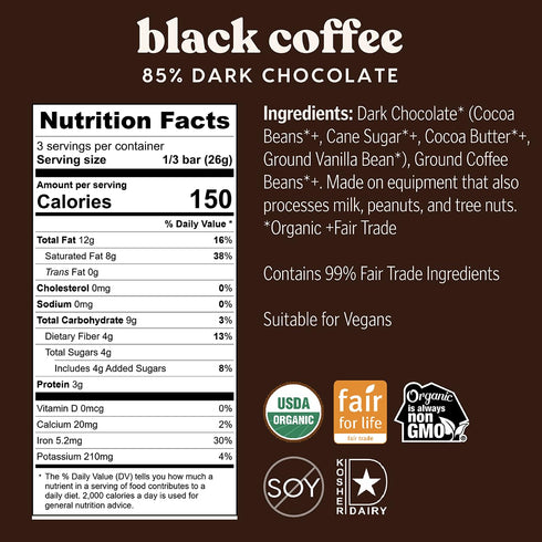 85% 6 Pack Theo Chocolate Black Coffee, Organic Dark Chocolate Bar, Cacao, | Vegan, Fair Trade