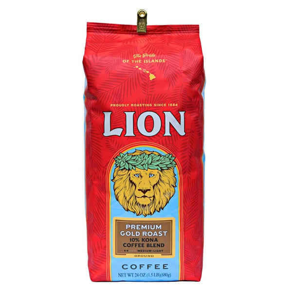 Lion Coffee Premium Gold Roast, 10% Kona Coffee Blend, Medium-Light Roast, A