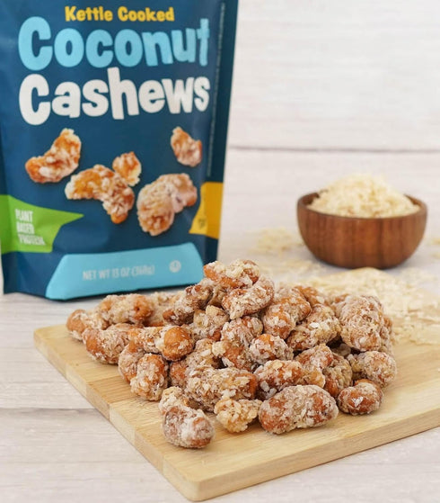 Platinum 13 oz Kettle Cooked Coconut Cashews - Plant Based Protein, Fiber, Healthy Snack - Wholesome Nutritional Boost