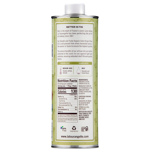 33.8 oz (1 La Tourangelle, Organic Extra Virgin Olive Oil, Cold-Pressed Early Harvest EVOO from Spain, Smooth & Fruity
