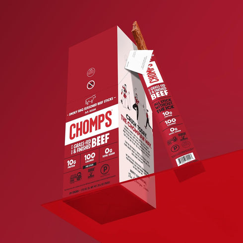 24-Pack Whole30, 10g Chomps Grass-Fed and Finished Smoky BBQ Seasoned Beef Jerky Snack Sticks - Keto, Paleo, Lean Meat