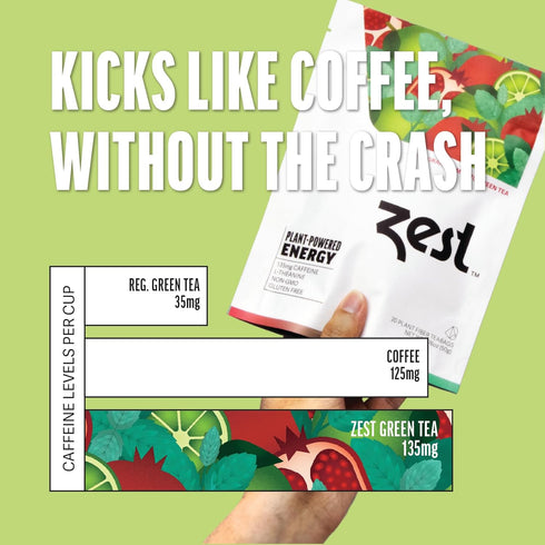 Zest High Caffeine Energy Leaf Blend - Pomegranate Mojito Green Tea - 135mg - 20 Pack Bag - All Natural Coffee