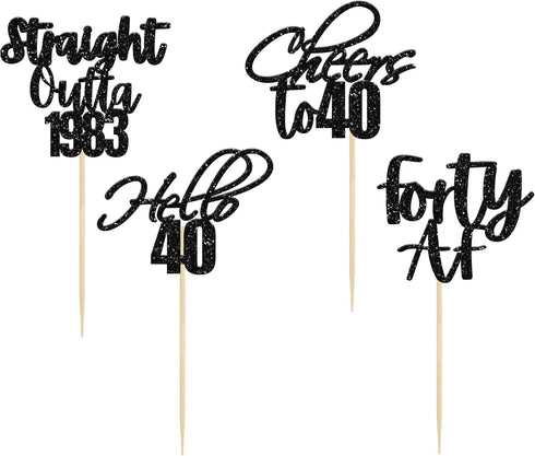 Gyufise 48 Pack Black Glitter Hello 40 Cupcake Toppers for 40th Birthday Anniversary Party Cake Decorations Supplies