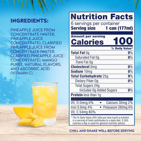 100% 6 Oz (Pack 6), 48 Dole Pineapple Mango Juice, Excellent Source of Vitamin C, Fl of Total Cans