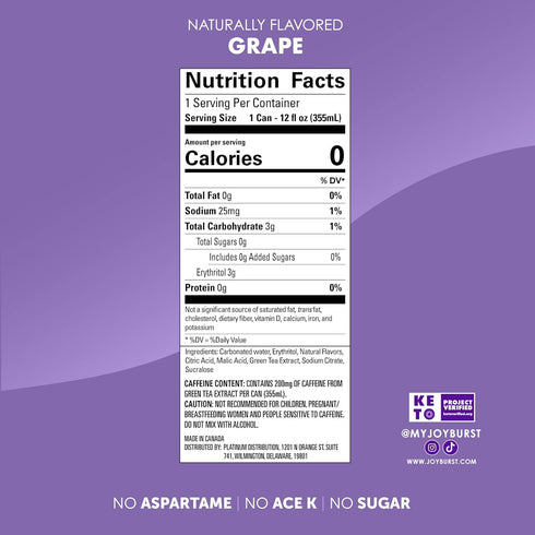 0 0 12 Packs No Sugar Joyburst Energy Drink, Grape, Calorie, Sugar, Sugar Free Energy Drink with Natural Caffeine, Hint