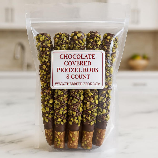 The Brittle Box Candy Co. Pistachio Chocolate Covered Pretzel Rods 16 Pack Hand-Dipped, Made Fresh to Order,