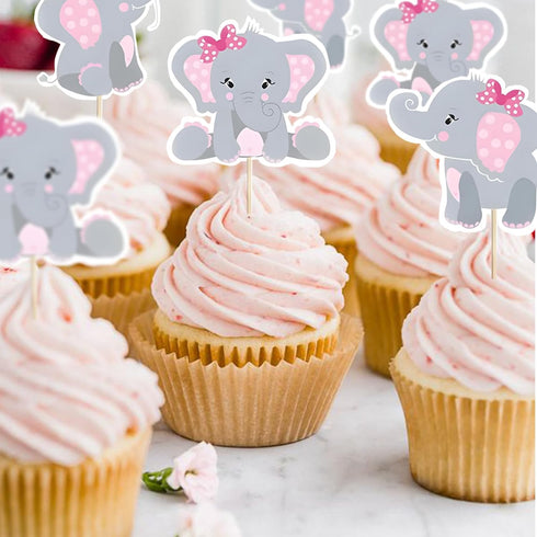 Finduat 48 Pieces Pink Elephant Cupcake Toppers for Girl Baby Shower Decorations, Baby Girl Birthday Party Supplies