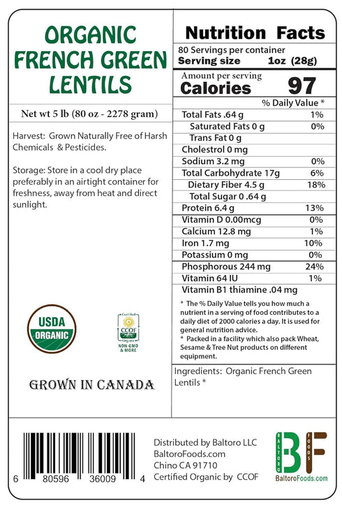 (3LB) Organic French Green Lentils Whole Raw, High Fiber Non-GMO-Bulk