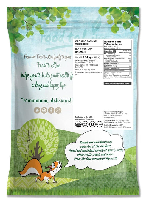 10 Food to Live Organic White Basmati Rice, Pounds Non-GMO, Long-Grain Rice Variety, Fragrant, Kosher, Vegan, Bulk.