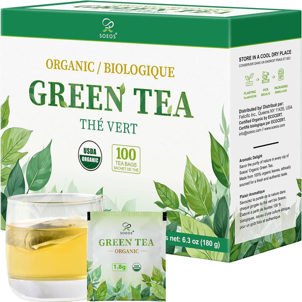 Soeos Organic Green Tea, 100 Tea Bags (Pack of 1), Caffeinated, Low