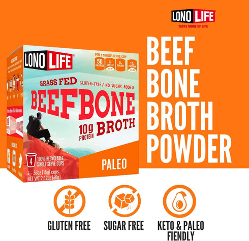 LonoLife Beef Bone Broth Powder Mix, Grass-Fed, 10g Protein, Collagen-Rich, Keto & Paleo Friendly, 10 Single-Serve Cups