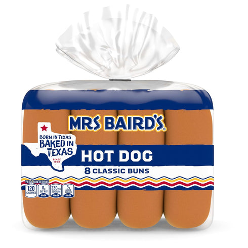 MRS BAIRD'S 8 count, (1.5 oz 12 oz White Classic Buns, each), Sliced Hot Dog Buns, Bag