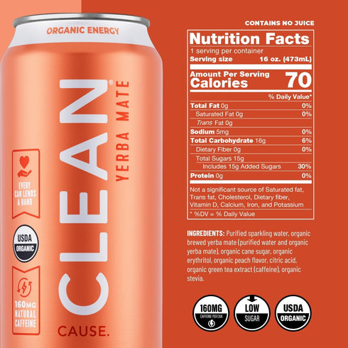Pack 160mg (16oz 12-Pack 4 CLEAN Cause Low Calorie Variety Yerba Mate Tea Sparkling, USDA Organic Energy Drink