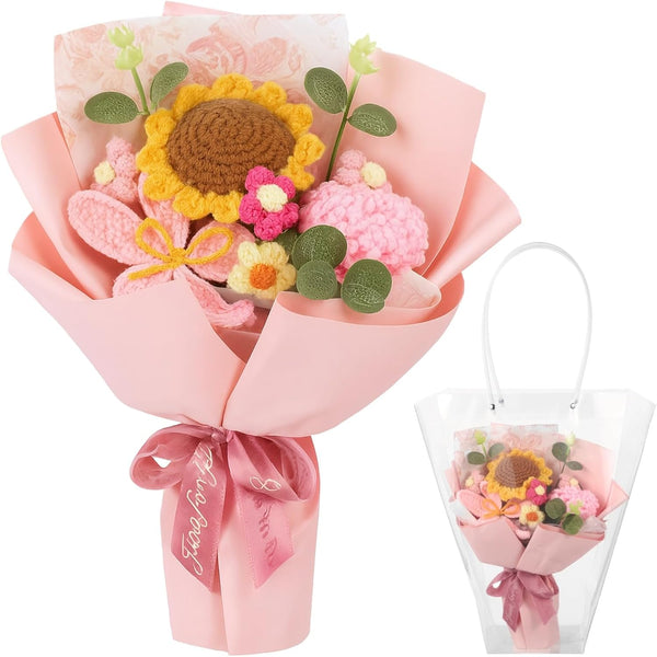 wkao Gift Bouquet: Knitted Crochet Flowers, Sunflower, Rose, Carnation, Handmade, 12.5 in
