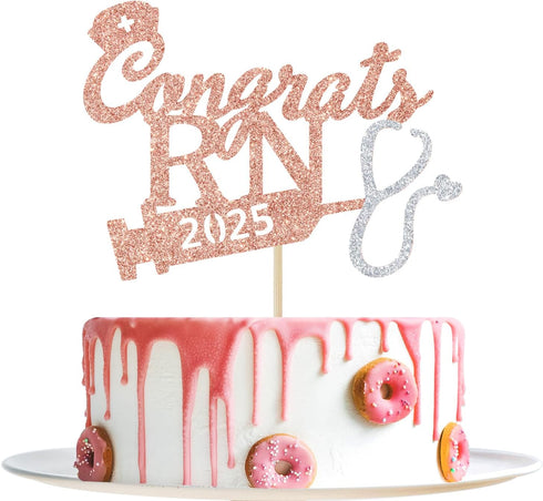 Rose Gold Glitter Congrats RN 2025 Cake Topper, 2025 Graduation Party Decoration