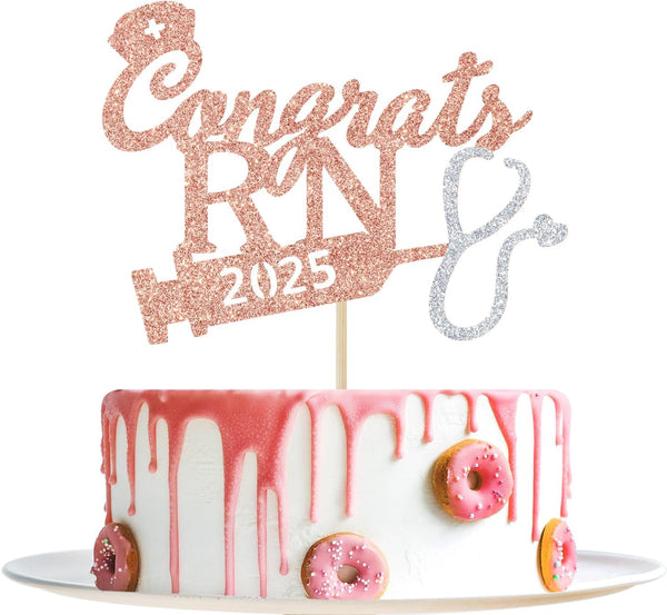 Rose Gold Glitter Congrats RN 2025 Cake Topper, 2025 Graduation Party Decoration